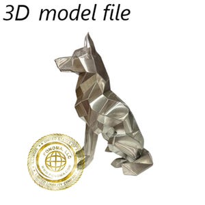Op de afbeelding: Een zilveren, geometrisch, 3D-model van een zittende hond. De hond is gemaakt van veel kleine, driehoekige stukjes metaal. De hond zit op een witte achtergrond.