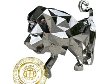 May include: A silver, geometric, abstract sculpture of a lion. The sculpture is made of many small, triangular pieces that are welded together. The sculpture is standing on a white background. The sculpture is made by Ponoma, LLC, a limited liability company in Illinois, USA.