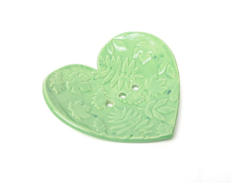 Romantic green pottery soap dish with leaves heart shaped Etsy