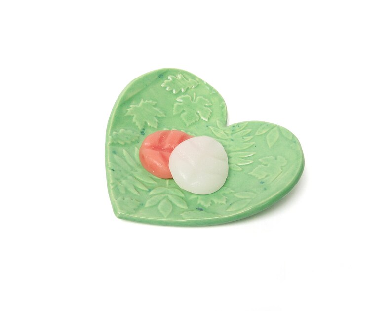 Romantic green pottery soap dish with leaves heart shaped Etsy