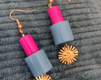 Colorful blue-grey and fuchsia earrings