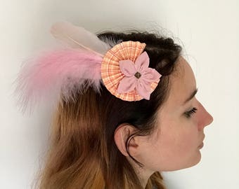 Flower fabric, origami and feather hair clip