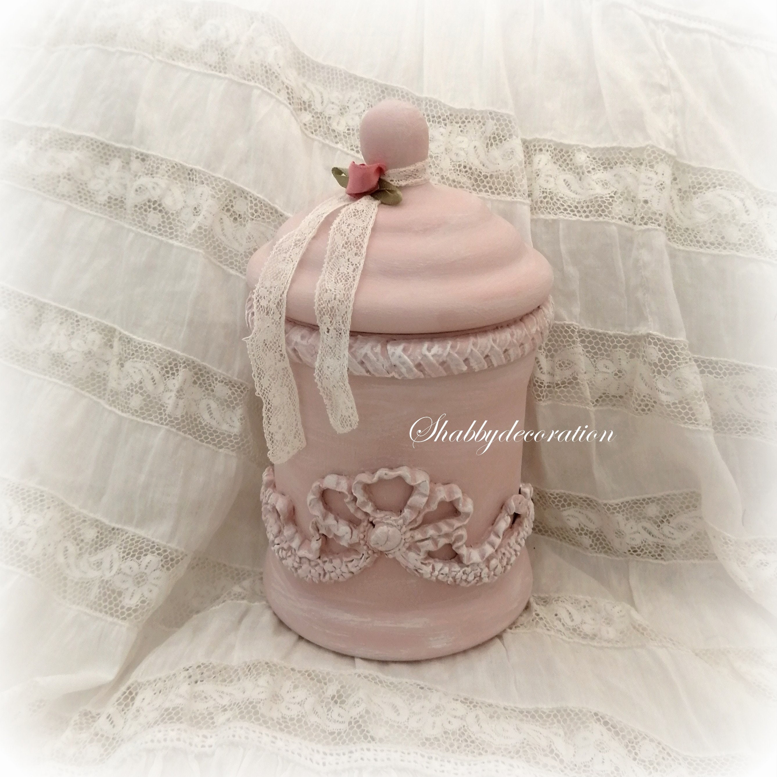 Pot en Verre avec Couvercle et Moulure Noeud Rose Poudré, Pot Décoratif Shabby Guirlande