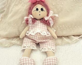 Rose Guimauve handmade doll, rag doll, doll clothes, pink gingham and antique lace, fabric doll, French craftsmanship