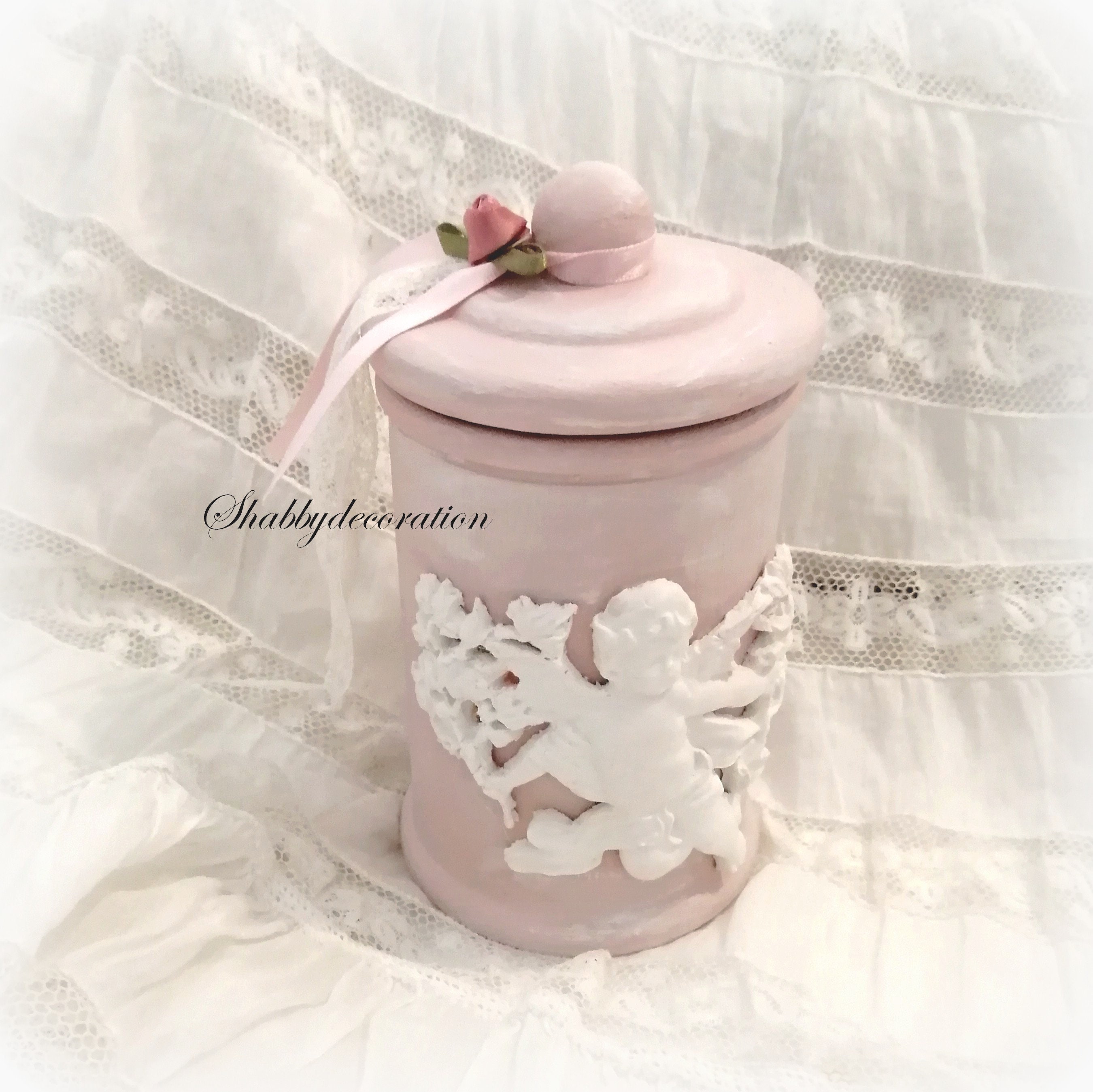 Pot en Verre avec Couvercle et Moulure Angelot Rose Poudré, Pot Décoratif Shabby Ange, Dentelle Anci