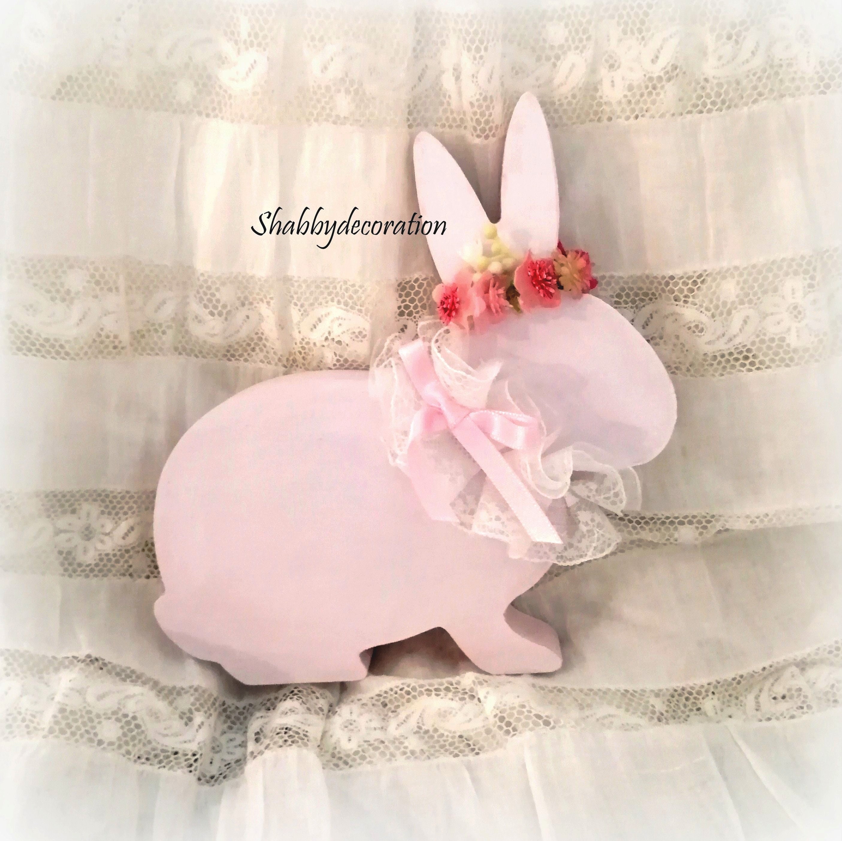 Lapin Bohème Chic en Bois Peint Rose Poudré, Lapin Pâques