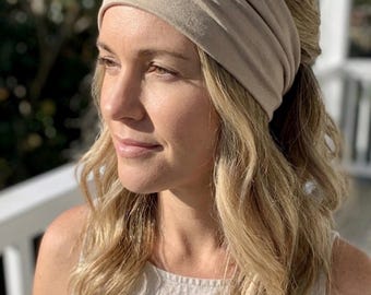 Women's wide stretchy headband in cream viscose jersey - Handmade boho hair accessory