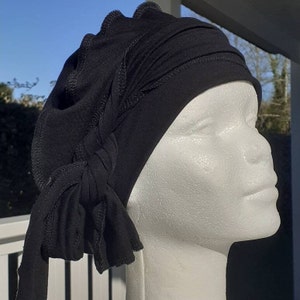 Black chemo cap with black ribbon to tie – Chic and discreet accessory