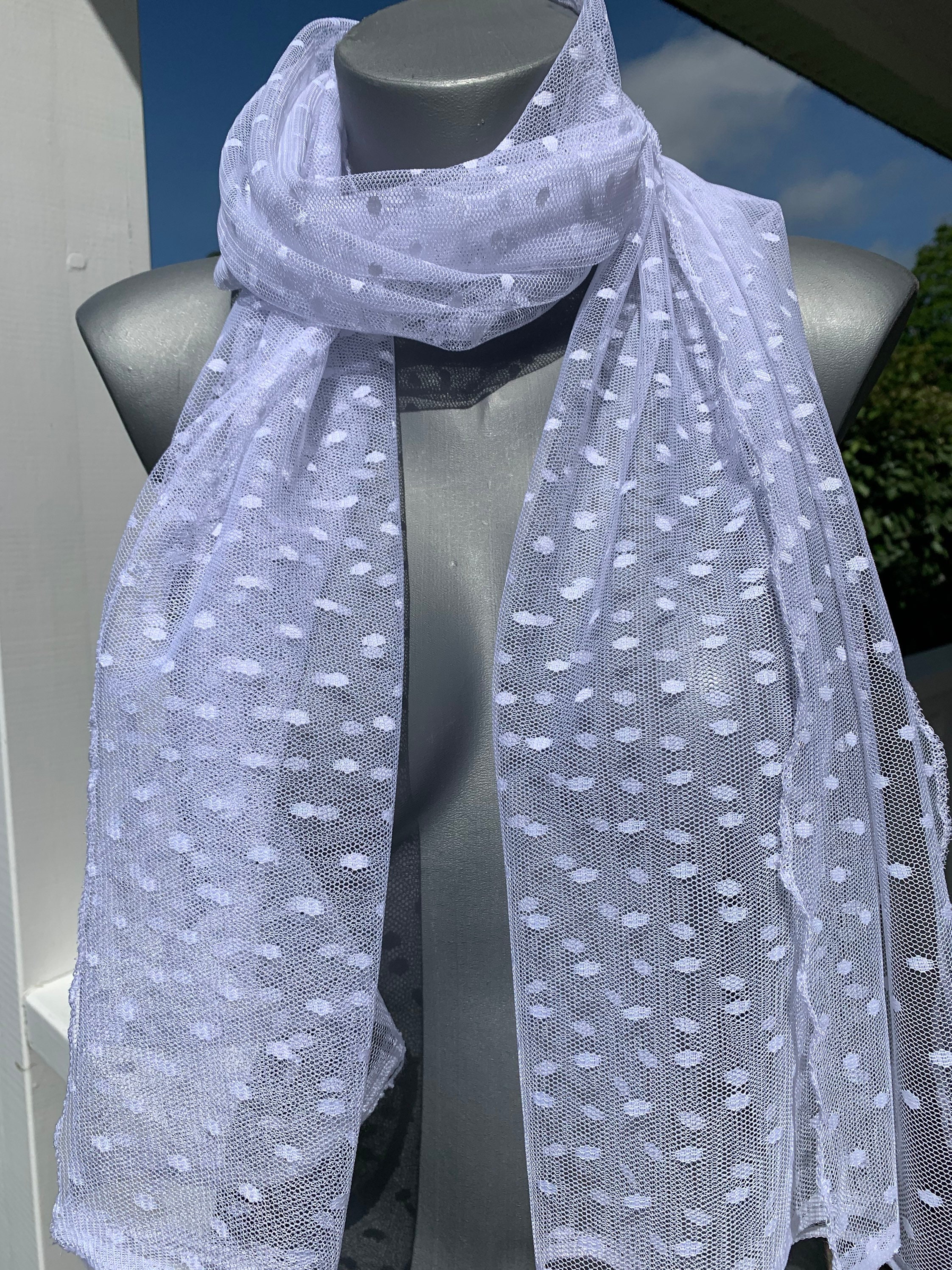White Wedding Scarf Stole in Dotted Mesh for Women 