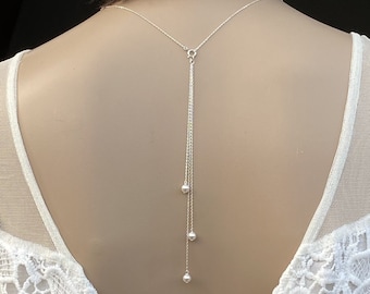 Necklace and back jewel fine chain in 925 silver and swarovski pearly white pearls M413