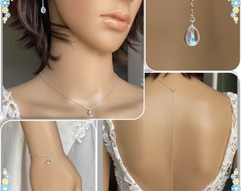 Necklace and back jewelry set with silver bracelet and earrings and PA8 synthetic moonstone drops