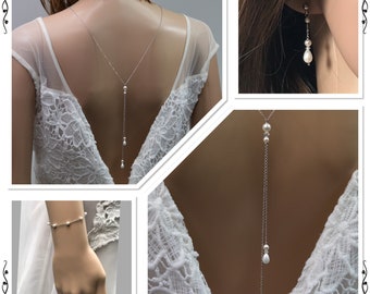 Parure collier et bijou de dos, bracelet et boucles d'oreilles, en acier inoxydable, perles blanches et perles en cristal Swarovski M480