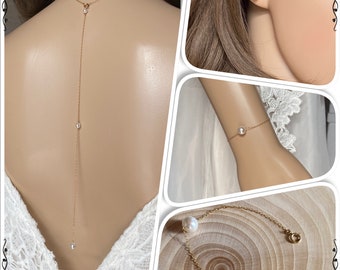 Adornment with necklace and back jewel, bracelet and ear studs, in gold filled and pearly white pearls swarovski PA4