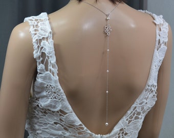 Collier et bijou de dos tout en acier inoxydable avec perles blanches nacrées en cristal swarovski M425