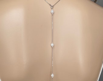 Necklace and back jewel in stainless steel and natural moonstone pearls M509