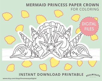 Corona di carta da colorare a forma di sirena in formato PDF, stampabile, per compleanno di bambine, principessa del mare, copricapo fai da te per feste, download