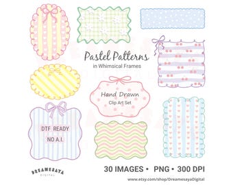 Preppy fotolijst clipart met decoratieve pastelpatronen in speelse lijsten en een achtergrond met kokette strikjes.