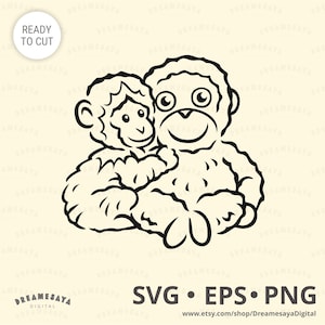 May include: Black and white line art illustration of two monkeys hugging. The image includes the text "READY TO CUT" in a circle and the file types "SVG • EPS • PNG". The Etsy shop name is also included.