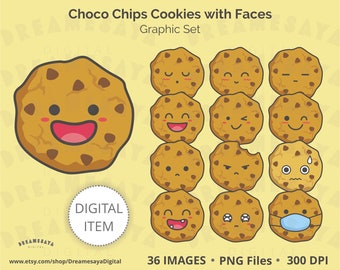 Chocochips cookie clipart, Kawaii graphics of chocolate chip cookies with faces, Cute emoticon images for commercial use