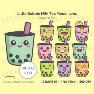 Boba clip art PNG pliki pakiet uroczych kolorowych bąbelków mleka herbaty emocji projekt do użytku komercyjnego
