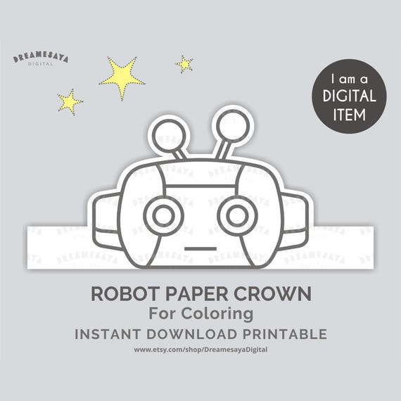 Robot coloring paper hat printable, Downloadable robotic head black and white outlines image to color