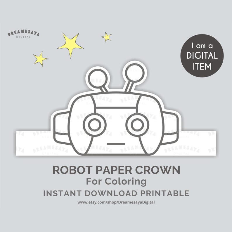 Small yellow stars in the background. Large image of paper crown design of a cartoon robot head in black and white.
Text: Robot paper crown for coloring instant download printable.