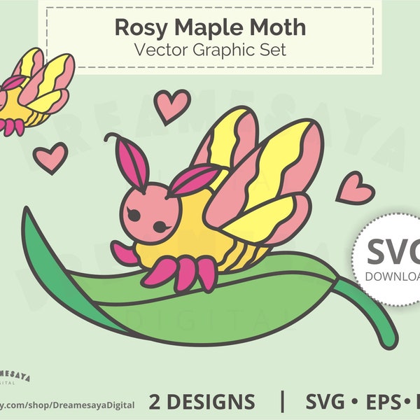 Rosy maple moth SVG cut files, Cute fluffy Dryocampa Rubicunda on a leaf with hearts vector clip art