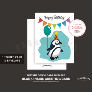 Carte d'anniversaire pingouin JPG à téléchargement immédiat à imprimer pour les enfants