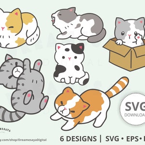 Kawaii cat SVG set of 6 designs, Cute playful kitties clipart pack