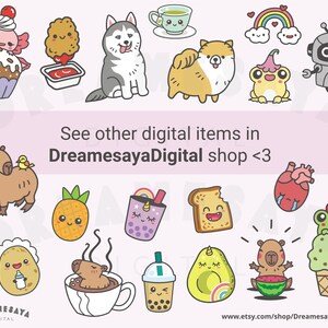 May include: A set of 16 digital clipart images featuring cute cartoon characters, including a cupcake, a husky, a frog, a robot, a capybara, a pineapple, a boba tea, a slice of bread, a heart, a frog on ice cream, a potato, a cup of coffee, a cup of boba tea, an avocado, a capybara on a watermelon, and a rainbow. The images are perfect for use in digital projects, such as scrapbooking, card making, and social media.