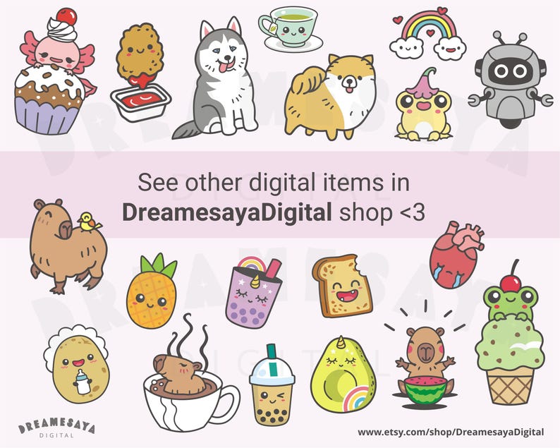 May include: A set of 16 digital clipart images featuring cute cartoon characters, including a cupcake, a husky, a frog, a robot, a capybara, a pineapple, a boba tea, a slice of bread, a heart, a frog on ice cream, a potato, a cup of coffee, a cup of boba tea, an avocado, a capybara on a watermelon, and a rainbow. The images are perfect for use in digital projects, such as scrapbooking, card making, and social media.