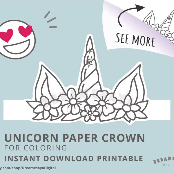 Printable unicorn horn and ears paper hat, Unicorn coloring page, Instant download paper crown, Kids party favor