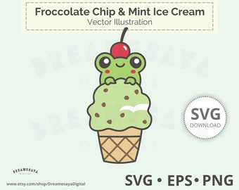 SVG kawaii frog cut file and clip art, Super cute froggy on chocolate chip and mint ice cream playful design