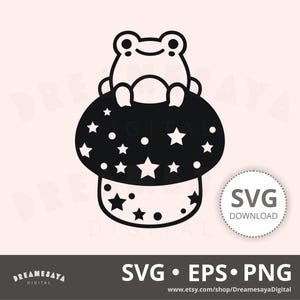 Grenouille champignon contour SVG grenouille kawaii sur un champignon vénéneux avec des étoiles fichier de coupe htv mignon et conception de gravure laser