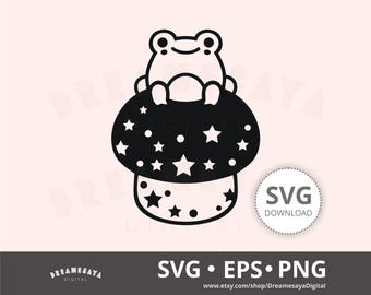 Mushroom frog SVG outline kawaii froggy toadstool stars htv cut file laser engraving design
