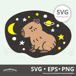 Space capybara SVG layered cut file of cute animal with moon, stars, and planets clip art