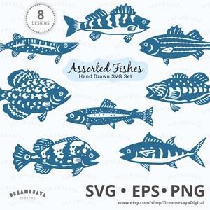 May include: A digital collection of eight blue fish illustrations featuring various species with distinct patterns and shapes. The text reads Assorted Fishes Hand Drawn SVG Set, 8 DESIGNS, and SVG EPS PNG. The graphics are presented on a light background.