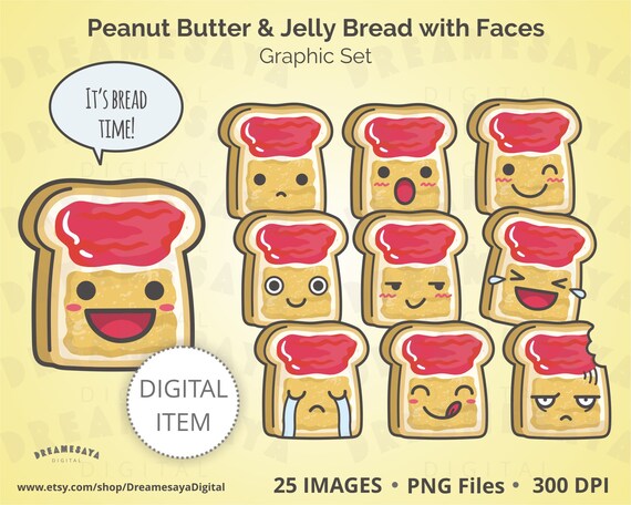 Kawaii Bread Smiley Clipart Peanut Butter And Jelly Bread Etsy
