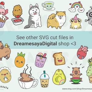 May include: A set of 16 colorful digital clipart images featuring cute cartoon characters, including a capybara, a husky, a frog, a heart, a rainbow, a cupcake, a pineapple, a boba tea, a slice of bread, an avocado, a capybara in a hot tub, a cup of boba tea, a frog in an ice cream cone, a robot, a pomeranian, and a chicken nugget.  See other SVG cut files in Dreamesaya Digital shop <3