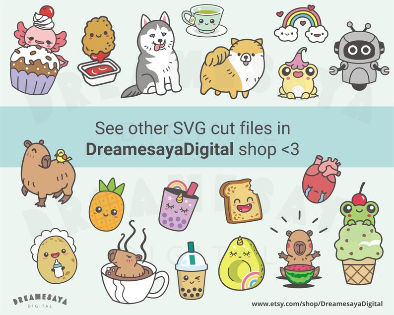 May include: A set of 16 colorful digital clipart images featuring cute cartoon characters, including a capybara, a husky, a frog, a heart, a rainbow, a cupcake, a pineapple, a boba tea, a slice of bread, an avocado, a capybara in a hot tub, a cup of boba tea, a frog in an ice cream cone, a robot, a pomeranian, and a chicken nugget.  See other SVG cut files in Dreamesaya Digital shop <3