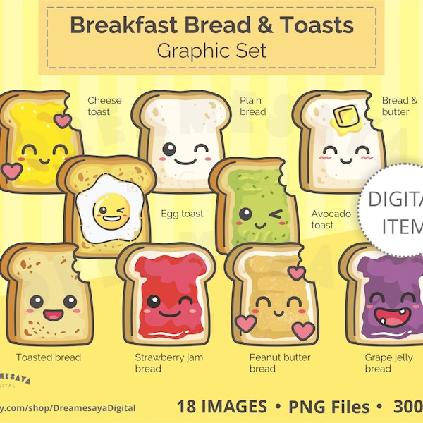 Toast breads clipart, Cute PNG graphics download of slices of bread with cheese egg avocado jelly peanut butter, Images for commercial use