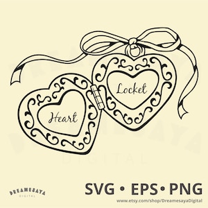 May include: Black and white line art illustration of a heart-shaped locket with the word "Heart" on one side and "Locket" on the other. The locket is open and connected by a hinge. A decorative bow is at the top.