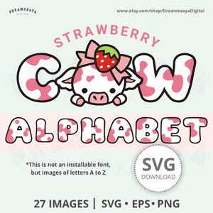 Alfabeto de vaca rosa SVG letras coloridas de morango fofas em camadas cortadas e pacote de clip art