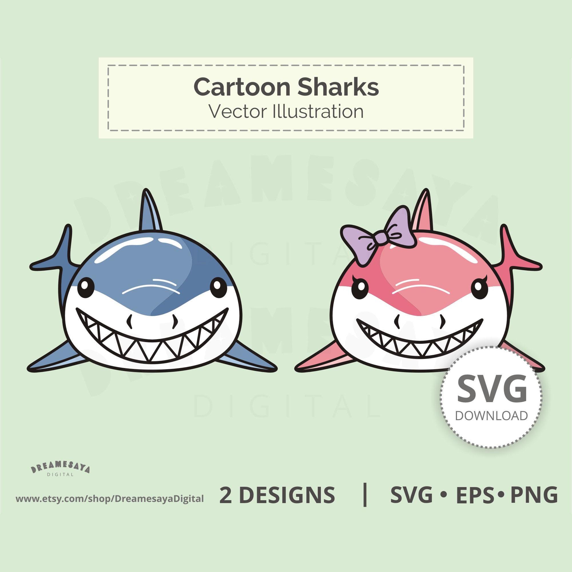 Cartoon sharks SVG layered cut files and clip art designs of cute sea ocean fish for boys and girls