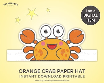 Crab paper hat download, DIY beach ocean animal party hat printable, Cute orange crab paper crown JPG