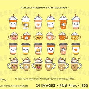 May include: Set of 24 digital illustrations of cute cartoon coffee cups with fall-themed designs. The cups feature various designs, including pumpkins, hearts, and polka dots. The illustrations are in PNG format and are 300 DPI.