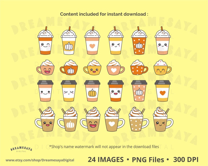May include: Set of 24 digital illustrations of cute cartoon coffee cups with fall-themed designs. The cups feature various designs, including pumpkins, hearts, and polka dots. The illustrations are in PNG format and are 300 DPI.