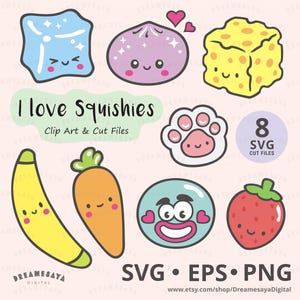 Puede incluir: Una colección digital de ocho ilustraciones de personajes lindos y coloridos que incluyen un cubo de hielo, mochi, esponja, huella, plátano, zanahoria, cara sonriente y fresa. El texto dice I love Squishies, Clip Art & Cut Files, 8 SVG CUT FILES.