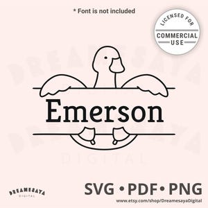 May include: Black and white digital design featuring a duck with the name "Emerson" in a bold font. Includes the text "SVG • PDF • PNG" and a "Licensed for Commercial Use" badge. The design is on a light pink background.