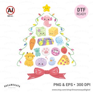 Puede incluir: Un diseño gráfico digital que muestra el contorno de un árbol de Navidad decorado con luces de colores, una estrella amarilla en la punta y un lazo rojo en la base. El árbol está lleno de varios personajes y alimentos animados y sonrientes.